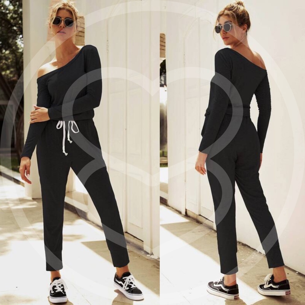 Off Shoulder drawstring black Comfy Jumpsuit grey - Picture 4 of 7